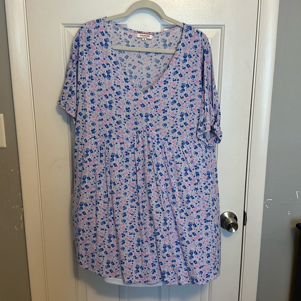 Plus Size floral mini dress with shade of blue and purple.